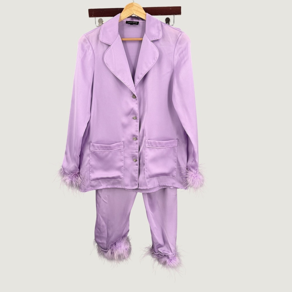 Nadine Merabi Darcie Lilac Satin Feather Trim Pajama Set Size XS